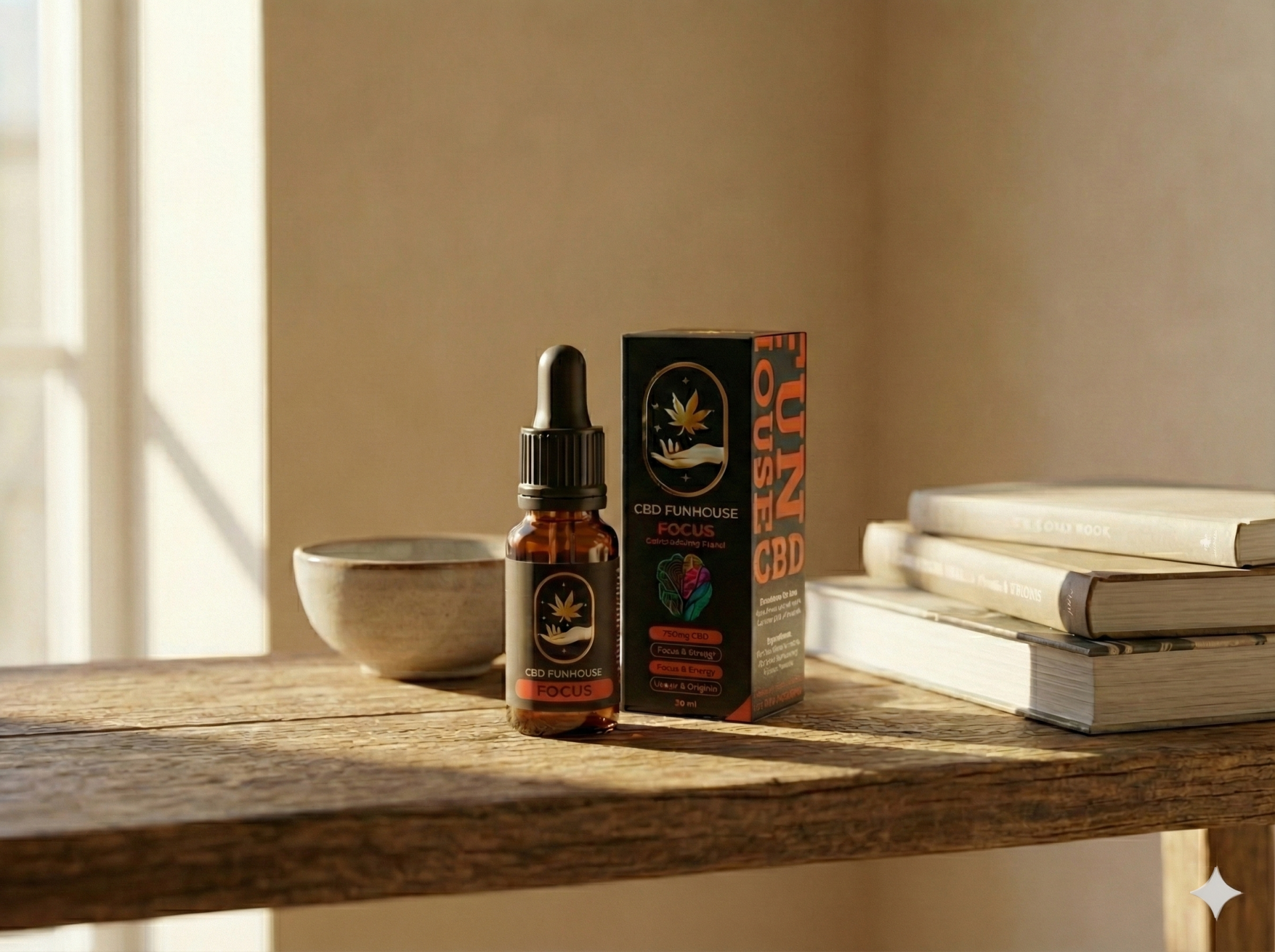 Despre CBD Mania Ulei CBD Funhouse și ambalaj de carton pe un birou din lemn masiv.