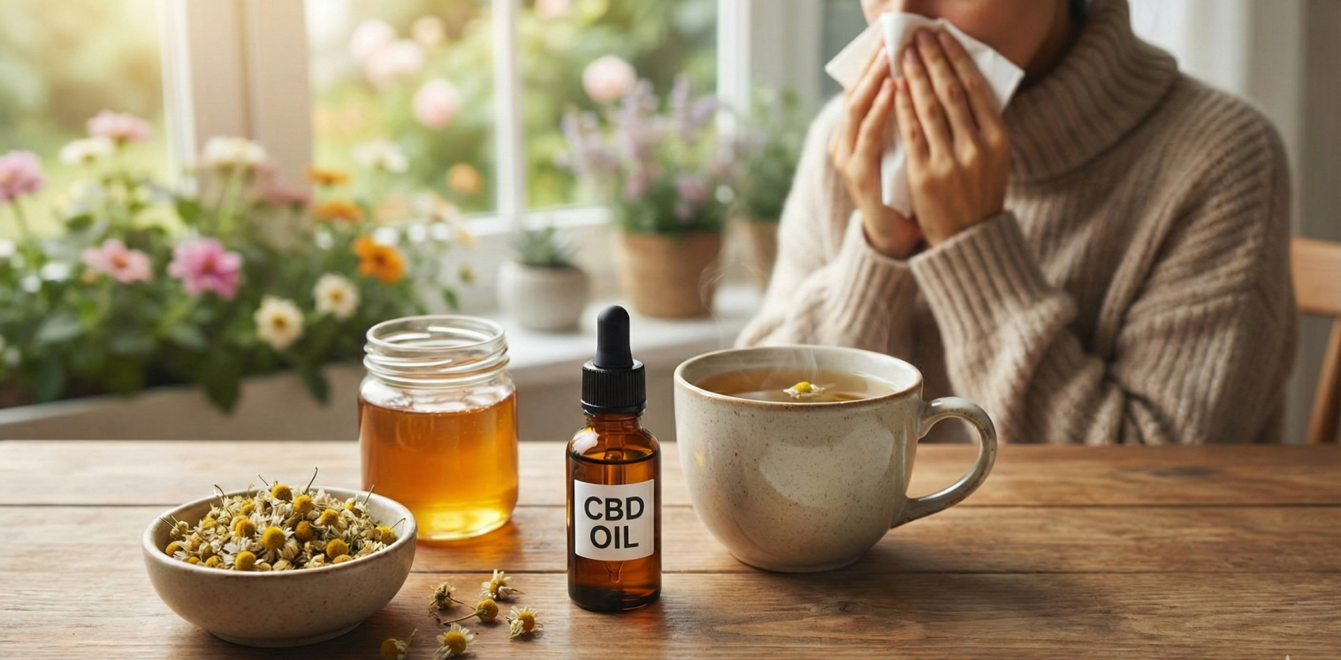 CBD și Alergiile: Cum blochezi histamina și inflamația fără medicamente? 15 Femeie răcită bând ceai fierbinte cu miere și picături de ulei CBD pentru imunitate.