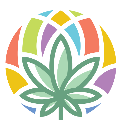 Logo stilizat abstract cu frunză de canabis în culori vibrante, tip mandala.