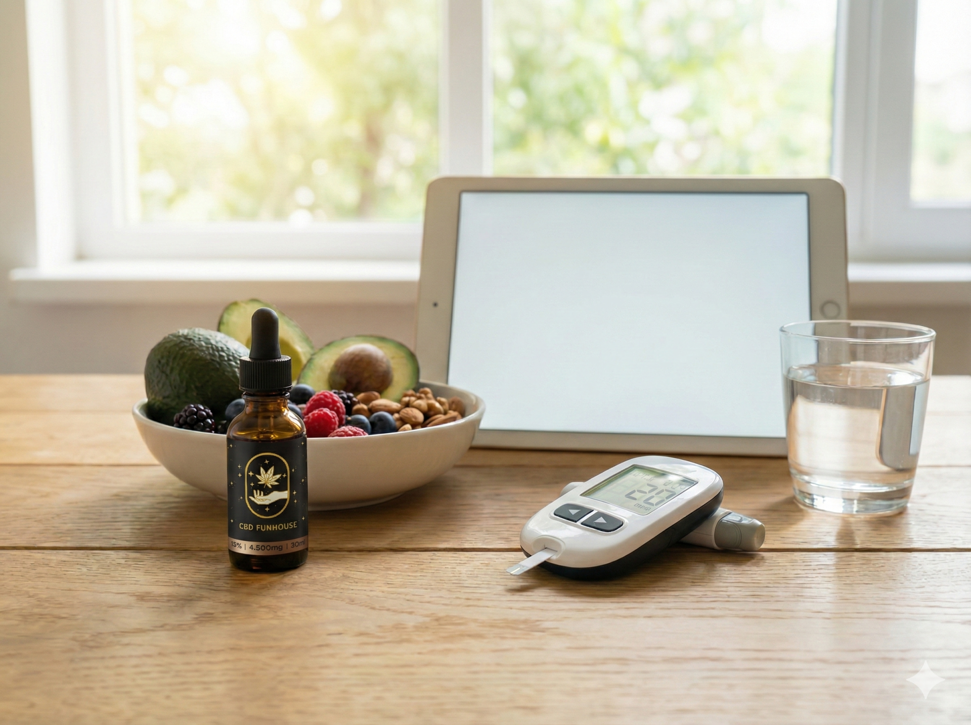 Ulei CBD pe masă alături de glucometru, tabletă și alimentație sănătoasă pentru diabetici.